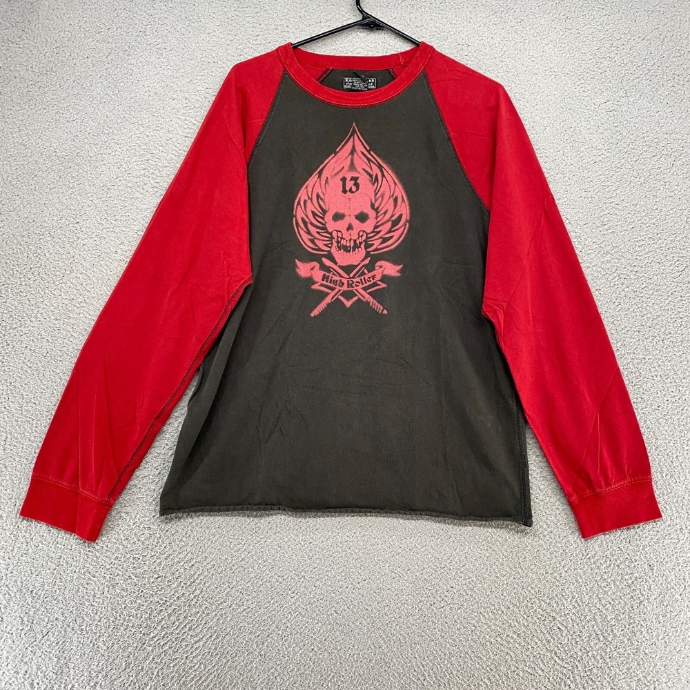 Lucky Brand Shirt Mens Large Y2K Aces High Grunge Raglan Skull High Roller Gray
